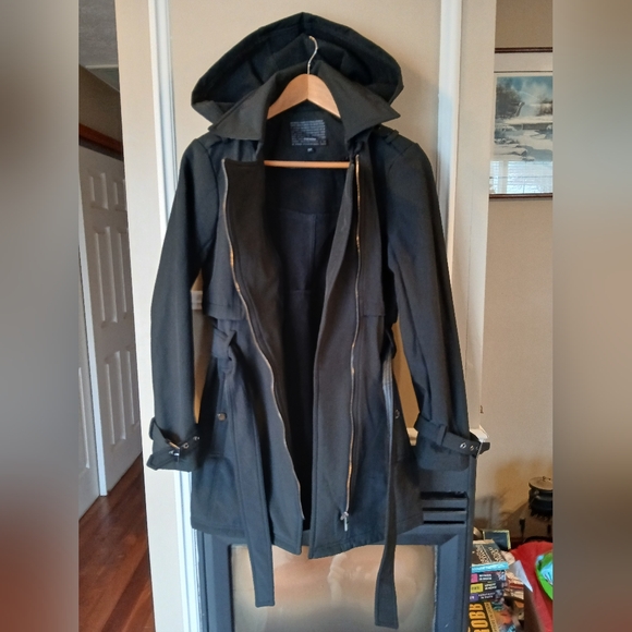 Steve Madden Black Asymmetrical Zip Fleece Lined Hooded Coat Size S/P - Picture 4 of 10